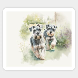 Two Miniature Schnauzers Playing Watercolour Painting Sticker